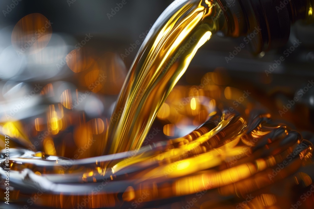 Aufkleber highresolution image capturing the dynamic flow of a golden liquid into a vessel with a bokeh backgr