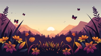 Sunset over a Field of Flowers and Butterflies.