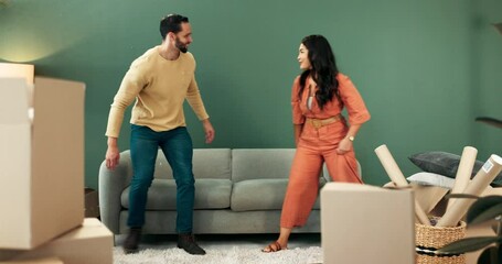 Couple, new home and smile or hug on sofa with boxes for furniture, renovation and moving in. House, relationship and happy people with property or ownership for helping, support and investment