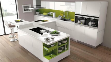 A kitchen with a white island and green cabinets