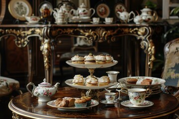 Fototapeta premium Luxurious tea time arrangement with sweets and ornate tea cups on a classic wooden table