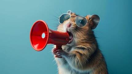 Fashionable hamster Wearing Sunglasses Holding Megaphone Against blue Background