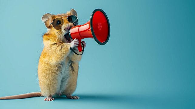 Fashionable hamster Wearing casual clothes and Sunglasses Holding Megaphone Against blue Background	
