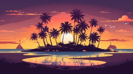 Tropical Island Sunset with Palm Trees.