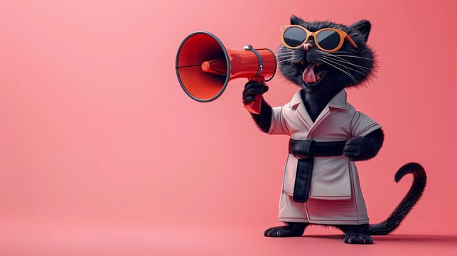 Fashionable black panther Wearing casual clothes and Sunglasses Holding Megaphone Against pink Background	