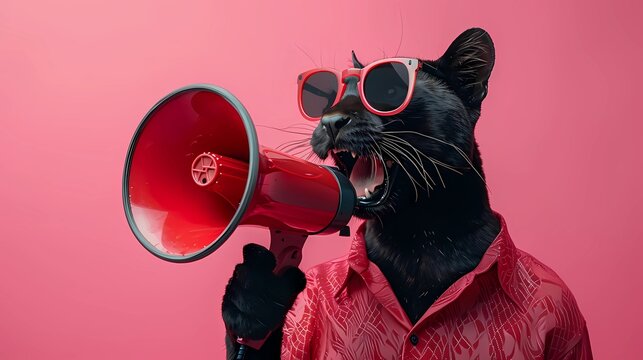 Fashionable black panther Wearing casual clothes and Sunglasses Holding Megaphone Against pink Background	