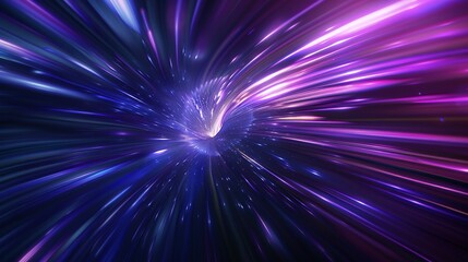 Naklejka premium Blue and Purple Light Lines on Dark Background: 3D Hyperspace Visualization
