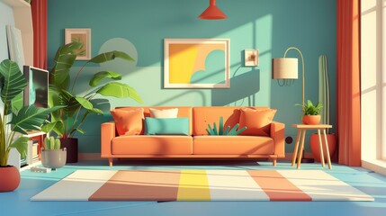 A bright and colorful living room with a couch, a potted plant, and a lamp