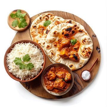 Board and plate of tasty Laapsi with on white background.