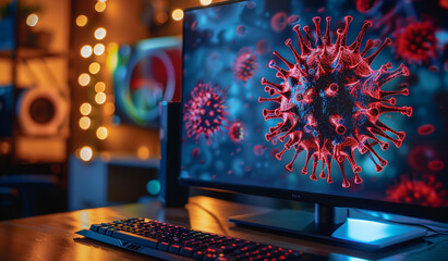 Fototapeta premium Computer monitor displays red virus, keyboard sits on wooden desk. Generative AI
