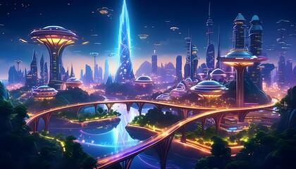 Obraz premium Futuristic Cityscape with Vibrant Lights and Bridges