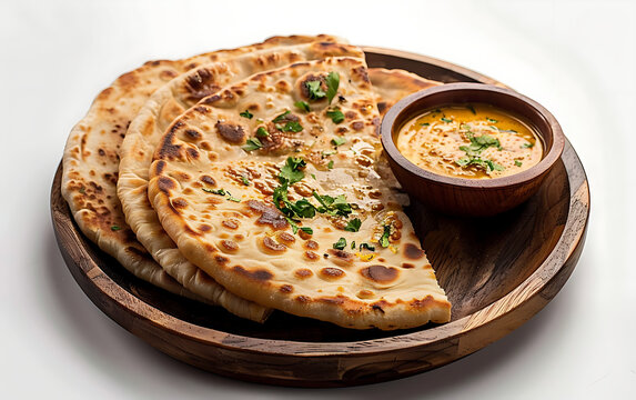 Board and plate of tasty Laccha Paratha with on white background.
