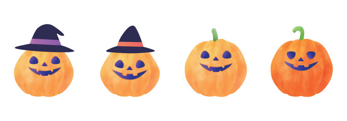 Cute Halloween pumpkins isolated on white background. Watercolor hand drawn pumpkins set. Decoration, background. Autumn illustration material.