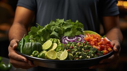 Chef in striped apron presenting a handcrafted salad bowl filled with vibrant greens and vegetables 