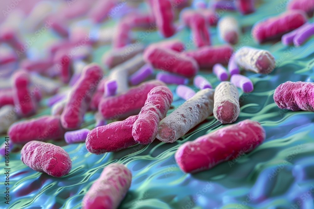 Poster highly detailed 3d rendering of various bacteria thriving on a cellular surface