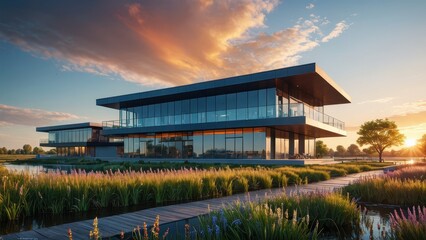 Modern Architecture Reflecting Sunset.