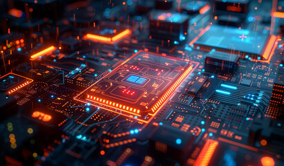 Fototapeta premium Circuit board with glowing red and blue lights. Generative AI