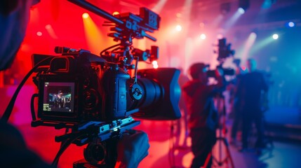 Video camera operator working with his equipment Video production and filming crews with camera equipment video production concept