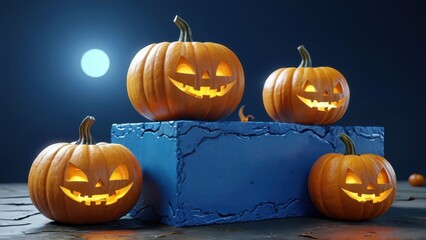 Jack-o'-lantern pumpkins on blue background.