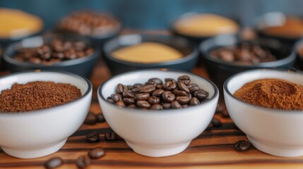 Fototapeta premium Various bowls filled with coffee beans and ground coffee on display, showcasing different types and textures of coffee products.