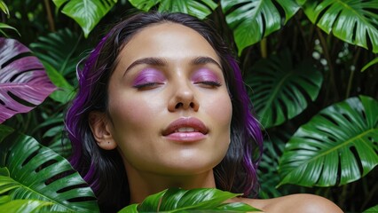 Woman with Purple Hair Surrounded by Lush Green Foliage.