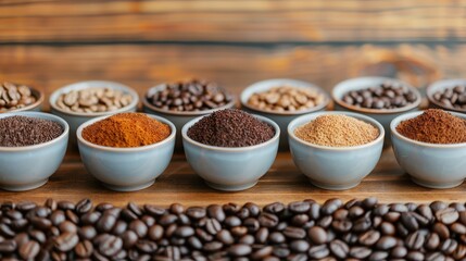Fototapeta premium Assorted coffee beans and grounds in ceramic bowls on a wooden table, showcasing various stages of coffee processing and types of coffee.