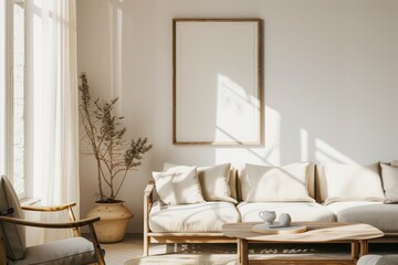 Simple and cozy minimalist room with a sofa, coffee table, chair, and framed poster above, against a white or creamy backdrop