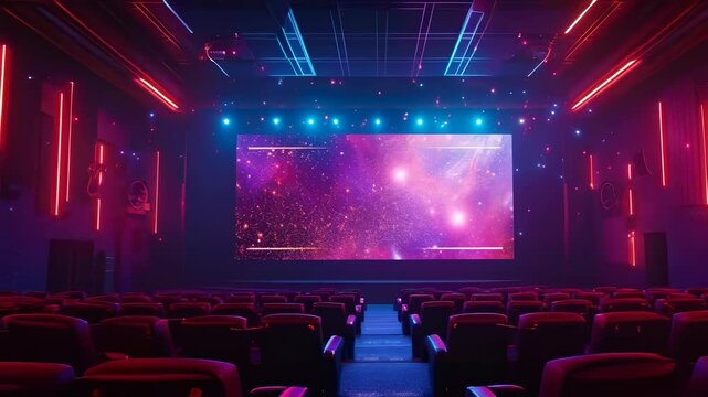 A modern cinema hall with empty seats and a large screen displaying a colorful, futuristic scene. Neon lights enhance the ambiance. The setting appears to be nighttime, creating a vibrant and