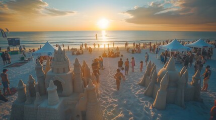 49. A lively beachside summer festival with sandcastle contests, beach games, and sunset views over the ocean