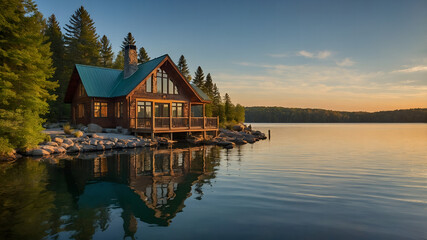 Fototapeta premium High-Resolution Image of Lakeside Cottage with Picturesque Sunset View