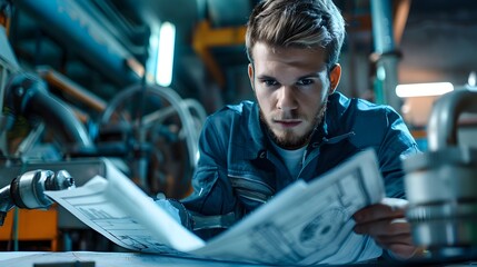 Focused Engineer Examining Technical Blueprints in Industrial Workspace