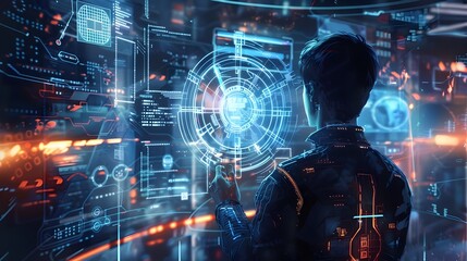 Visionary Engineer Surrounded by Futuristic Holographic Schematics and Digital Technology