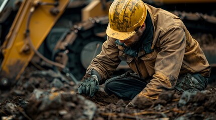 Seasoned Geotechnical Engineer Analyzing Soil Samples from Drilling Rig in Rugged Natural Setting