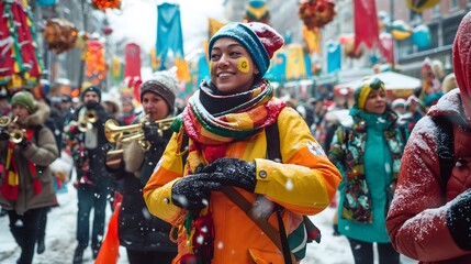 45. A vibrant winter holiday parade with festive floats, marching bands, and people wrapped up in winter clothing