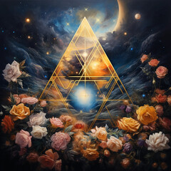 A golden triangle surrounded by roses and planets, radiating light in the center of an ethereal...