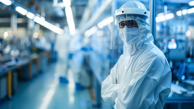 A worker or engineer wearing a protective suit or white overalls works in a semiconductor manufacturing plant.