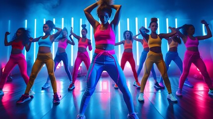 Energetic Fitness Instructor Leading Vibrant Neon Colored Aerobics Class with Dynamic Movements and Retro 80s Vibe