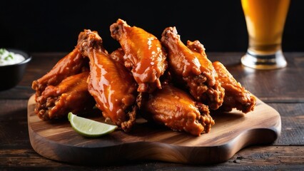 wings on a cutting board with a lime wedge and a beer