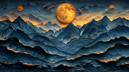 3d modern art mural wallpaper with dark blue and golden wave background. mountains, golden deer and birds. gold on a dark blue backdrop background .