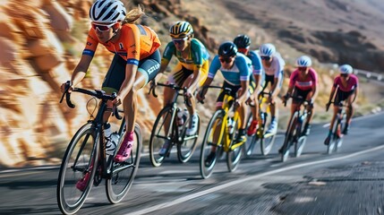 Group of Female Cyclists Racing Down Open Road Colorful Jerseys Focused Gazes Motion Blur Dramatic Angle Sports Documentary Aesthetic