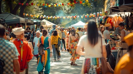 Obraz premium Vibrant Multicultural Street Festival with Diverse Crowd Lively Stalls and Performances