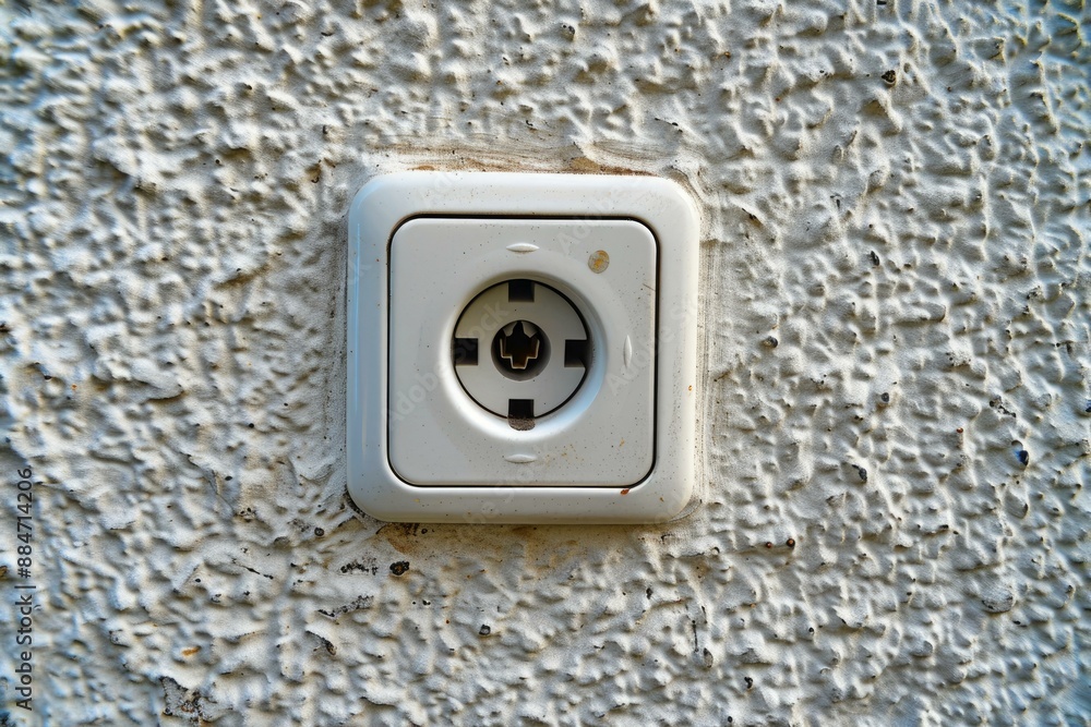 Poster closeup of an aged electrical socket on a rough external surface