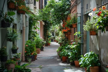 Fototapeta premium Tranquil urban oasis, picturesque flowerlined alleyway with lush greenery and colorful floral display. Creating a peaceful and charming pedestrian path in the city