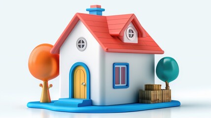 3d illustration cute house home colorful red green blue pink orange retro oldu cartoon style