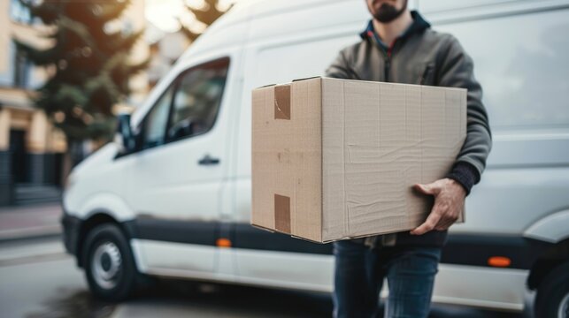 Courier Delivers Box To Customer Beside Of White Van
