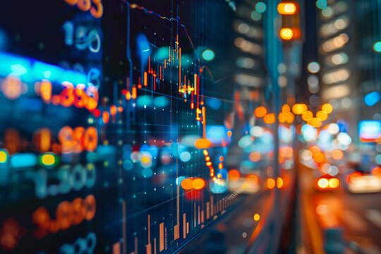 Abstract financial concept with glowing stock market charts overlaying a blurred city night scene - Powered by Adobe