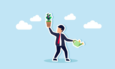 Career growth HR motivates talent for promotion, employee development, and manager support, concept of A businessman manager waters a growing employee seedling