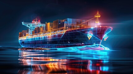 Obraz premium 3d model of a container ship, glowing wire-frame neon lines over black background