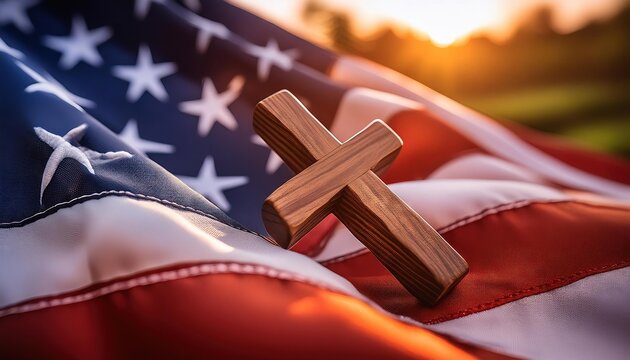 American Flag And Wooden Cross Symbolizing Faith - Powered by Adobe