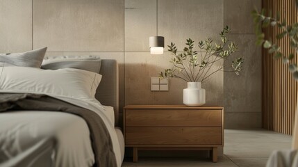 Minimalist Bedroom Interior Design with Wooden Nightstand